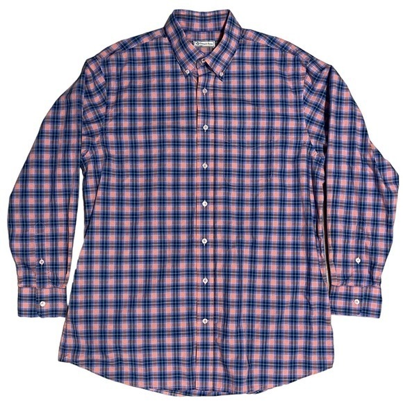 DONALD ROSS Button Down Golf Shirt Blue Orange Plaid Check Large 100% Cotton - Picture 2 of 9